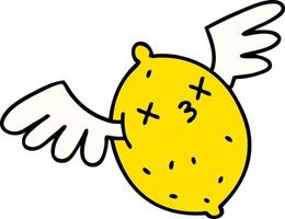 cartoon of a dead lemon flying up to heaven on angel wings