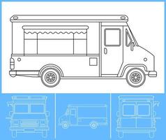 Food truck template. Transportation outline stroke template. Blue print layout. Fit for warp sticker, air brush, vinyls, recolor project. Vector eps 10.