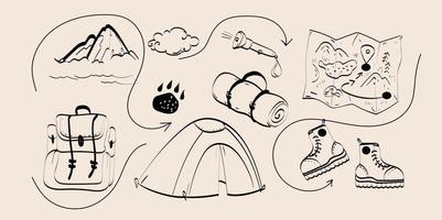 Hiking gear  set vector hand drawn doodles illustration, travel accessories and equipment.
