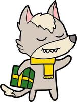 friendly cartoon wolf carrying christmas present vector