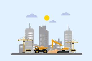 Flat design building industry with builder construction vehicles repair tools and equipment isolated vector illustration