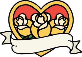 traditional tattoo of a heart and banner with flowers vector