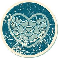 iconic distressed sticker tattoo style image of a heart and flowers vector