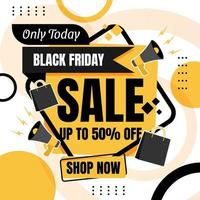 Black Friday sale banner design template in yellow, black and white color with megaphone and shopping bag. vector illustration