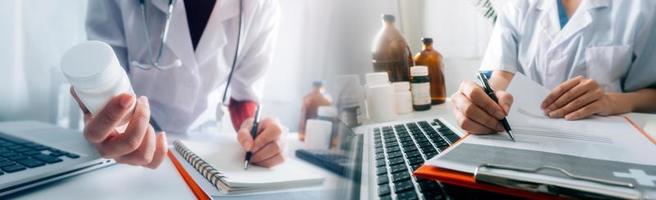 Medicine doctor hand working on a patients x-ray scans digital healthcare and connection with modern virtual screen interface icons, Medical technology and network concept. photo