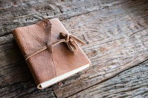 The leather book on the wood table. photo