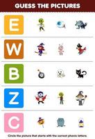 Education game for children guess the correct picture for phonic word that starts with letter E W B Z and C printable halloween worksheet vector