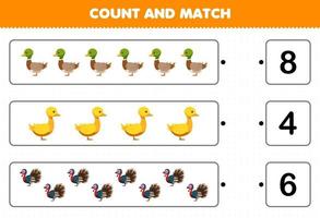 Education game for children count the number of cute cartoon duck turkey and match with the right numbers printable farm worksheet vector