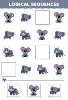 juego educativo para niños secuencias lógicas para niños con linda caricatura koala elefante rinoceronte imagen imprimible animal gris hoja de trabajo vector