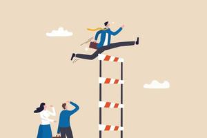 Skill level or experience to overcome challenge and succeed, personal development or improvement, professional or expert level concept, confidence businessman jump across highest level of hurdles. vector