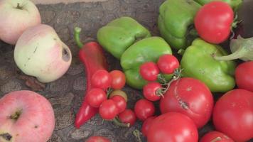 récolte de divers légumes et fruits juste cueillis dans le jardin de la maison. video