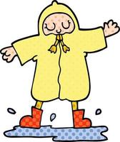 comic book style cartoon person splashing in puddle wearing rain coat vector