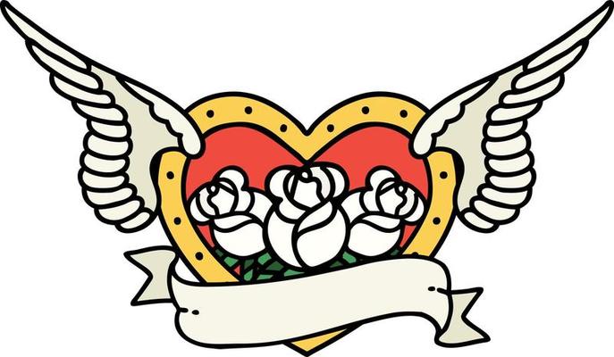 traditional tattoo of a flying heart with flowers and banner