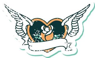 distressed sticker tattoo style icon of a flying heart with flowers and banner vector