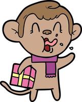 mono loco de dibujos animados con regalo de navidad vector