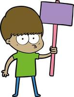 nervous cartoon boy holding placard vector