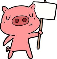 cartoon content pig signpost sign vector