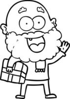 cartoon crazy happy man with beard and gift under arm vector