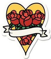 tattoo style sticker of a heart and banner with flowers vector