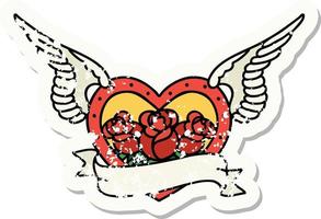 distressed sticker tattoo in traditional style of a flying heart with flowers and banner vector