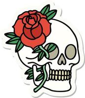 pegatina de tatuaje al estilo tradicional de una calavera y una rosa vector