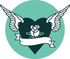 iconic tattoo style image of heart with wings a rose and banner vector