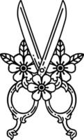 tatuaje en estilo de línea negra de tijeras de peluquero y flores vector