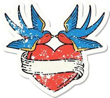 distressed sticker tattoo in traditional style of swallows and a heart with banner vector