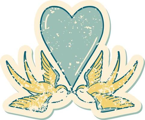 iconic distressed sticker tattoo style image of swallows and a heart