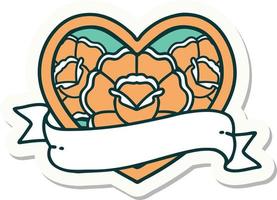 sticker of tattoo in traditional style of a heart and banner with flowers vector