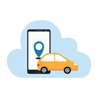 Flat map on smartphone renting car. driver using car sharing app on phone and searching vehicle. vector illustration for transport urban traffic, location app concept