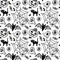 A seamless pattern of hand-drawn Halloween elements in a doodle style. Autumn. Cheerful pumpkins, black cat, spider web. Ghosts, bats and candy. Holiday background with funny faces vector