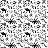 A seamless pattern of hand-drawn Halloween elements in a doodle style. Autumn. Cheerful pumpkins, black cat, spider web. Ghosts, bats and candy. Holiday background with funny faces vector