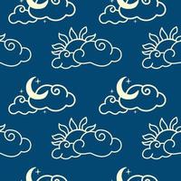 A seamless pattern of a cloud with the sun and a cloud with the moon and stars, drawn elements in a doodle style. Natural phenomenon. Day. Night. Time. Nature. Little curly clouds. Cute vector on blue