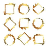 Set of gold frame silhouettes with flowers and twigs, hand-drawn elements in cartoon style. Flowers. Golden gradient. Templates for greeting cards. Vector images of plants on white background