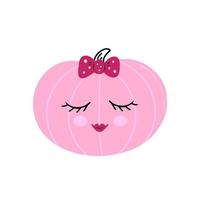 Cute pink pumpkin with eyes and hair bow. Illustration for backgrounds, covers and packaging. Image can be used for greeting cards, posters, stickers and textile. Isolated on white background. vector