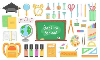 Big set of school supplies. Back to school lettering. Illustration for backgrounds, covers and packaging. Image can be used for greeting card, poster and sticker. Isolated on white background. vector
