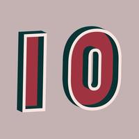 Vector number 10 with 3D effect in retro style. Well red and Deep Teal colors