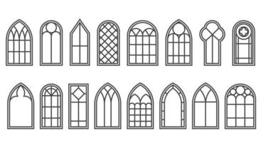 Gothic windows outline set. Silhouette of vintage stained glass church frames. Element of traditional european architecture. Vector outline illustration