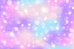 Fondo de fantasía de unicornio arco iris con estrellas. ilustración holográfica en colores pastel. cielo multicolor brillante con estrellas y bokeh. vector. vector