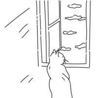 line art vector illustration of a cat perched in the window