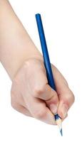 hand paints by blue pencil isolated on white photo