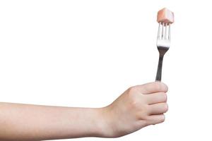 side view of fork with piece of lard in hand photo