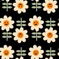 Vintage daisy flowers with smiling faces seamless pattern. vector