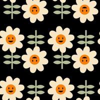 Vintage daisy flowers with smiling faces seamless pattern. vector