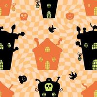 Halloween seamless pattern with houses, pumpkins, ghosts and skeletons on a checkered background. vector