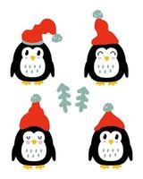 Winter penguins in hats with christmas trees collection.