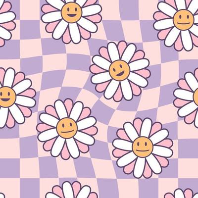 Vintage seamless pattern with smiling daisy flowers on trippy grid background.