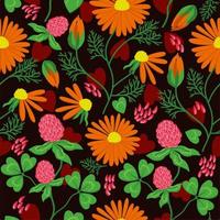 Vector seamless floral pattern with calendula and clever on dark background.