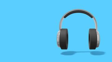 Realistic gray headphones on blue background with space for text. Front view. 3d rendering. photo